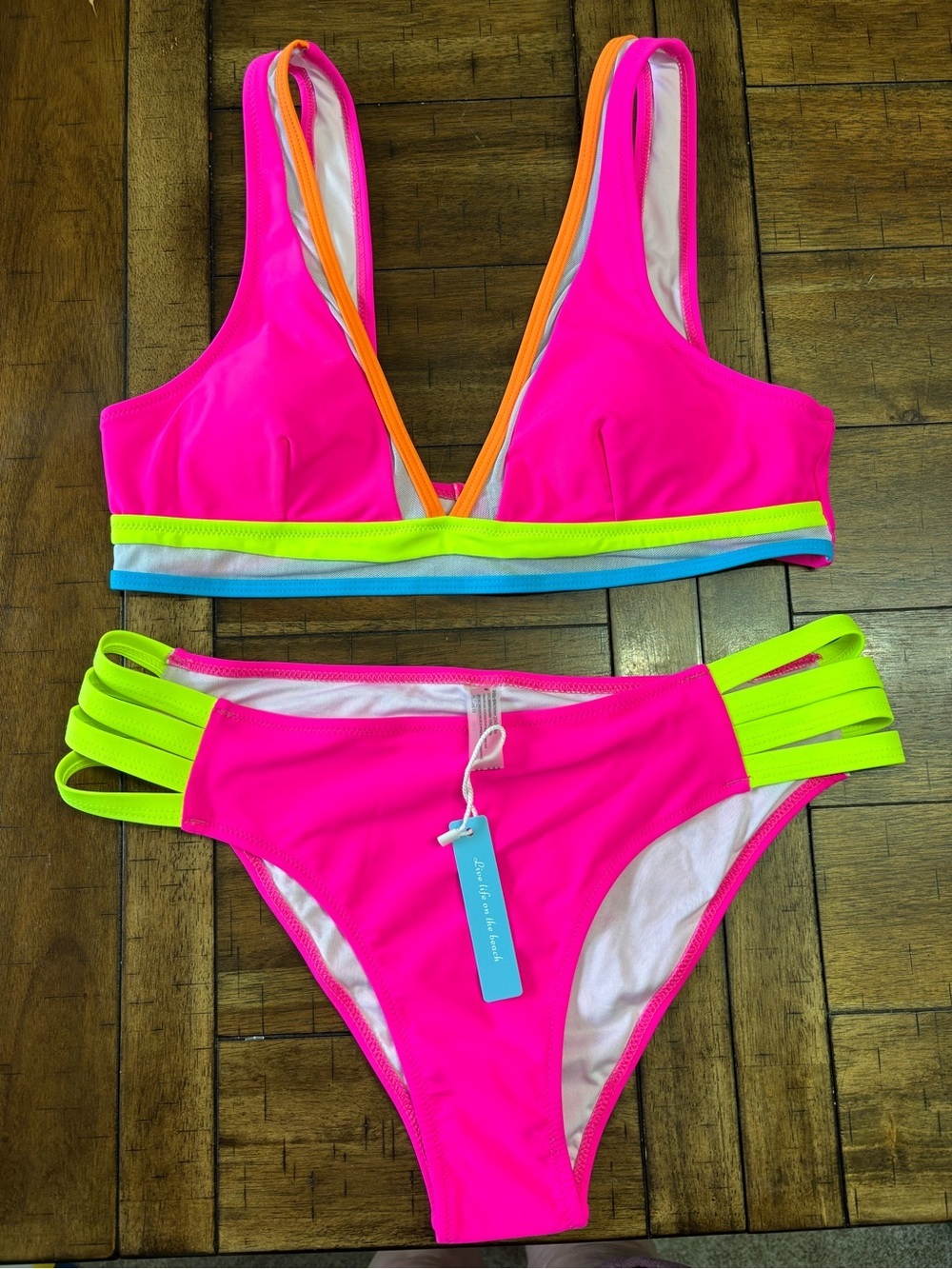 Neon Pink & Lime Two-Piece Bikini Set, top is size L, bottoms size XL